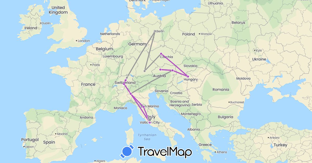 TravelMap itinerary: driving, plane, train in Austria, Switzerland, Czech Republic, Germany, Hungary, Italy (Europe)